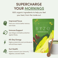 RYZE Mushroom Matcha — Organic Instant Matcha Latte with Lion's Mane & King Trumpet, 30 Servings B2