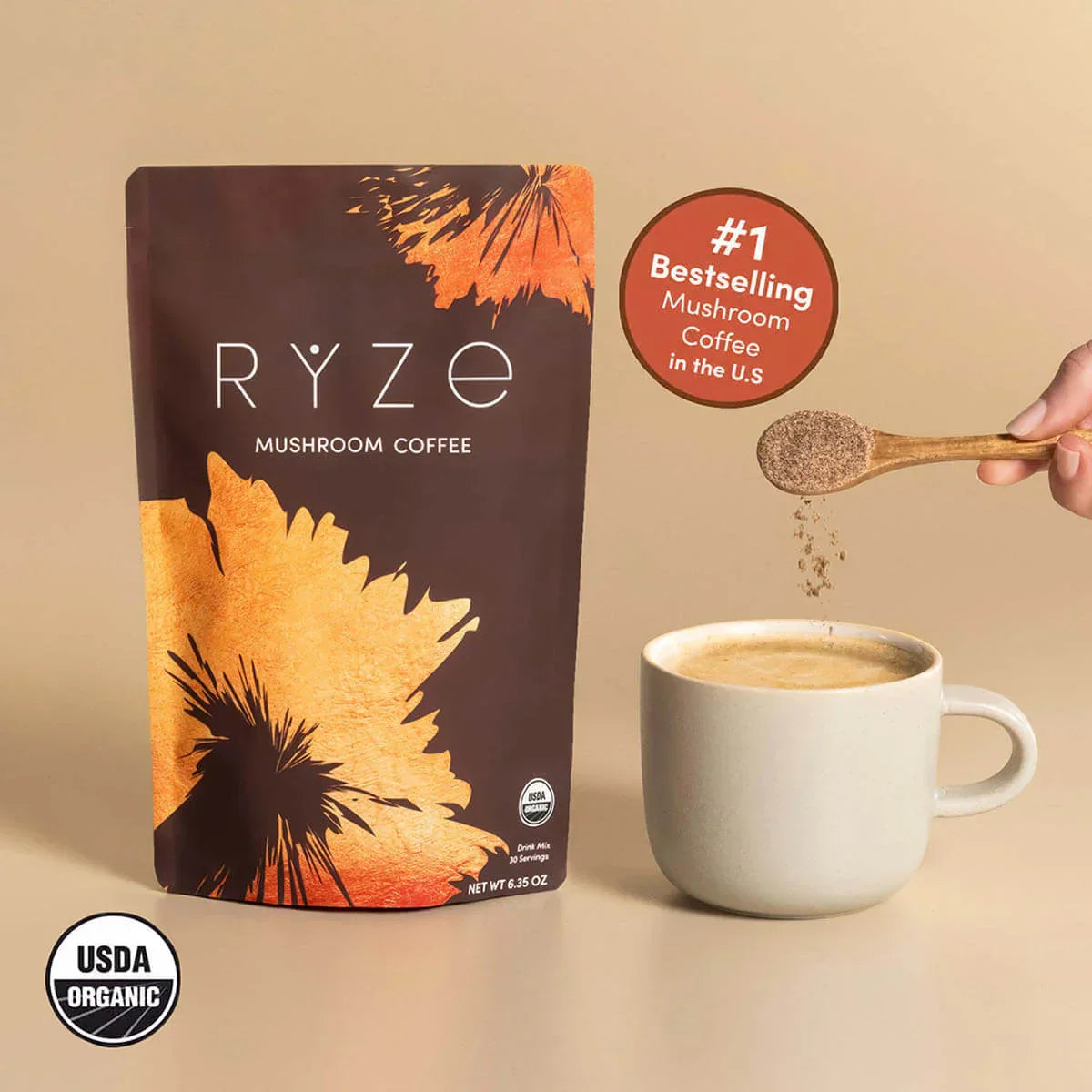 RYZE Mushroom Coffee — Organic Instant Coffee with Cordyceps & Reishi, 30 Servings F0