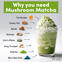 RYZE Mushroom Matcha - with 6 Organic Adaptogenic Mushrooms Grown In USA and Ceremonial-Grade Japanese Matcha A6