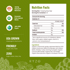 RYZE Mushroom Matcha - with 6 Organic Adaptogenic Mushrooms Grown In USA and Ceremonial-Grade Japanese Matcha A6